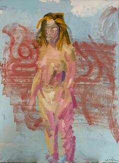 Kvinna och tunnelbanetåg, olja på duk, 160 x 120 cm